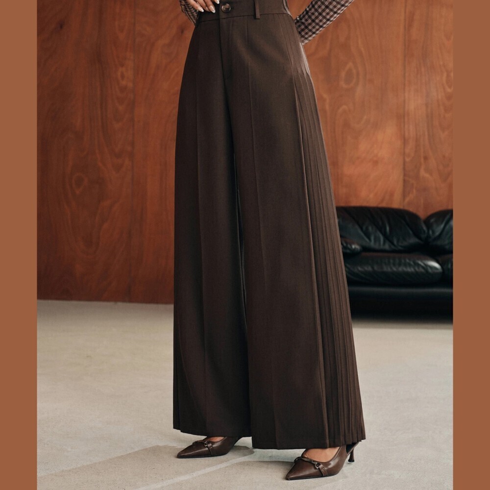 Brown Pleated Wide Leg High Rise Button Tab Trousers